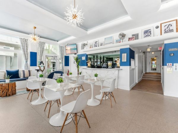 The image shows a modern, stylish café with white tables, chairs, blue accents, and decorative lighting, creating a cozy atmosphere.