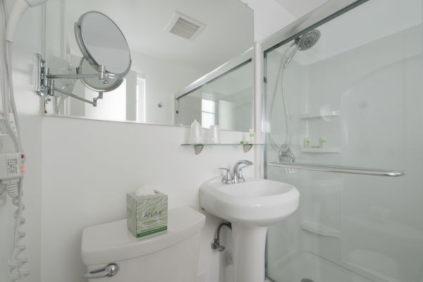 This image shows a clean, modern bathroom with a shower enclosure, a sink, a mirror, a tissue box on the toilet, and shelves holding toiletries, ending the sentence.