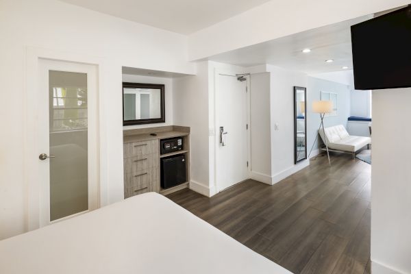 A modern hotel room with wood flooring, a bed, mirrored closet, TV, microwave, door to the bathroom, and a small seating area with a lamp and couch.