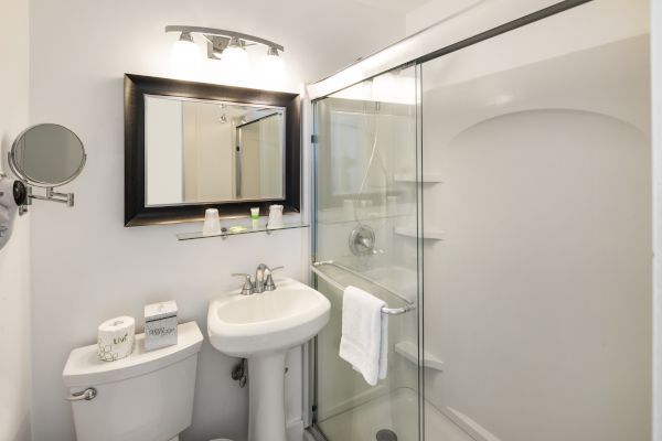 The image shows a modern bathroom with a pedestal sink, a toilet, a glass-enclosed shower, and a wall mirror with overhead lighting.